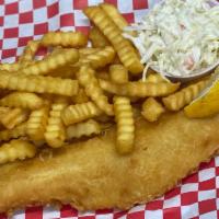 Fish n Chips · 8oz Battered Cod Fish with Fries served with Tartar Sauce and         Coleslaw