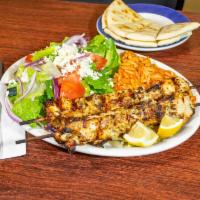 Chicken Souvlaki Plate · 2 skewers of marinated chicken breast char-broiled. Served with choice of Greek style Potato...
