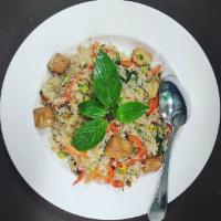 Thai Basil Fried Rice · Red bell pepper, mushroom, egg, Thai green chili and Thai basil. Gluten free.