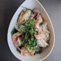 Seafood Clear Noodle Salad · Jumbo shrimp, cuttlefish, surf clams, clear noodles, Thai green chili, red onion, culantro, ...