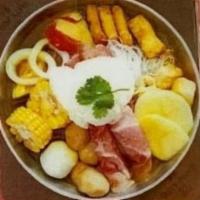 8. Coconut Cream Curry Hot Pot Dinner · Sliced pork, imitation crab stick, squid, fish ball, fried tofu skin, sweet corn, fried temp...