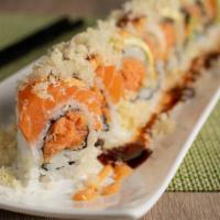 10. Lafayette Roll · Seared pepper tuna and avocado inside, topped with spicy crunch salmon with eel sauce and wa...