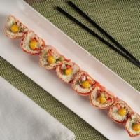 23. Unicorn Roll · Mango, kiwi, strawberry and cheese cake inside wrapped with rice krispies with soybean paper...