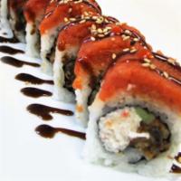 Red Dragon Roll · Inside: Unagi, crabmeat, cucumber and avocado. Spicy tuna on top.