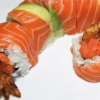 Normandie Roll · Inside: Shrimp tempura, spicy tuna. Outside: Salmon and avocado.