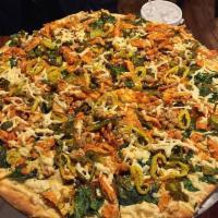 Vegan Chicken Buffalo Pizza · Vegan chicken, tempeh, spinach, jalapenos, onions, Buffalo sauce and dairy free cheese. N/A ...