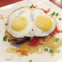 Short Rib Hash* · Cheddar cheese hash browns, slow cooked short ribs, peppers, onions and 2 sunny-side eggs. G...