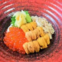 Uni, Ikura, and Crab Donburi · Uni, ikura, and crab on sushi rice.