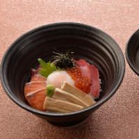 Kaisen Don · Bigeye tuna, salmon, yellowtail, ikura, and onsen egg on sushi rice.
