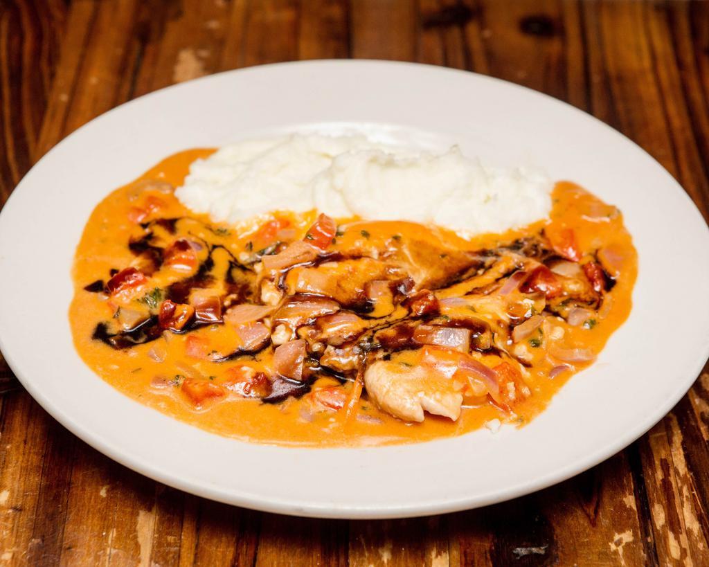 Pollo ai Funghi · Breast of chicken sauteed with mushrooms in a marsala wine sauce served with mashed potatoes.