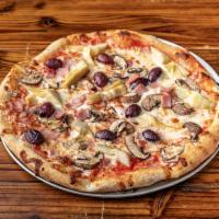 4 Stagoni Pizza · Tomato sauce, mozzarella cheese, ham, olives, artichokes, and mushrooms.