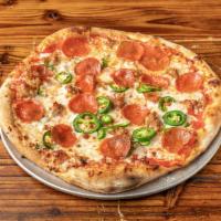 Fiammata Pizza · Tomato sauce, mozzarella, spicy salami, spicy sausage, and jalapeno peppers.