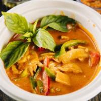 #17. Red Curry (Gang Ped) · Basil, peas, bamboo shoots, bell peppers, served with jasmine rice
