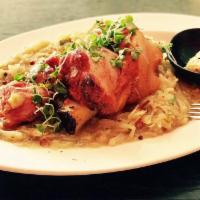 Pork Shank · Oven baked pork shank / saute sauerkraut with bacon / mashed potatoes