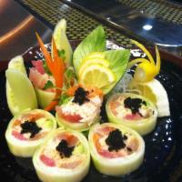 Cucumber Special Roll · Crab meat, spicy tuna, avocado, and assorted fish wrapped in cucumber.