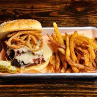 Big B Sandwich · A brisket sandwich with fried onion strings and pepper jack cheese.