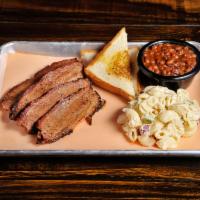Beef Brisket Plate · Generous portion of BBQ beef brisket. Served with choice of 2 sides and bread.