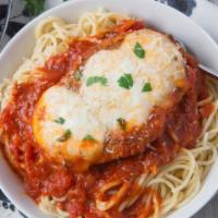 Chicken Parmesan · Spaghetti and chicken breast topped with onions, mushrooms and melted mozzarella cheese. 
Se...