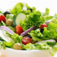 Tossed Salad · Lettuce, tomatoes, cucumbers, black olives, red onions, and green peppers.