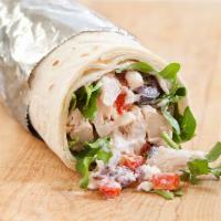 Mediterranean Wrap · Grilled chicken, lettuce, sliced olives, tomatoes, cucumbers, red onions, feta cheese, and G...
