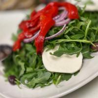 Arugula Salad  · Arugula, extra virgin olive oil, fresh mutz, roasted peppers, black olives and red onion.