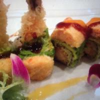 ZaZa Special Roll · Shrimp tempura and cucumber inside, top avocado and spicy lobster salad.