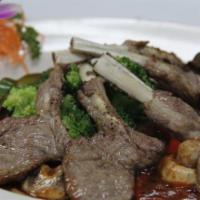 2. Basil Lamb · 5 pieces of grilled lamb chops served with broccoli, eggplant, mushrooms, bell peppers, and ...
