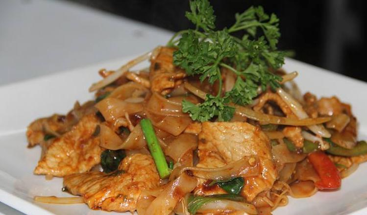 2. Drunken Noodle · Large rice noodle stir-fried with fresh Thai basil, pepper, onion, scallions, bean sprouts. Spicy.