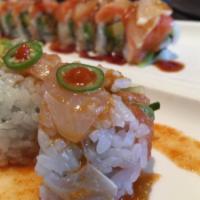 15. Jalapeno Jumper Roll · Spicy tuna roll topped with spicy white tuna, avocado and jalapeno spicy sauce.