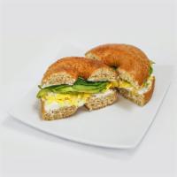 Veggie Bagel · Toasted bagel, cream cheese, scrambles eggs, avocado and spinach.