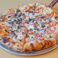 Gabby's Special Pizza · Brushed with olive oil, Romano and mozzarella cheese, topped with tomato garlic basil and on...