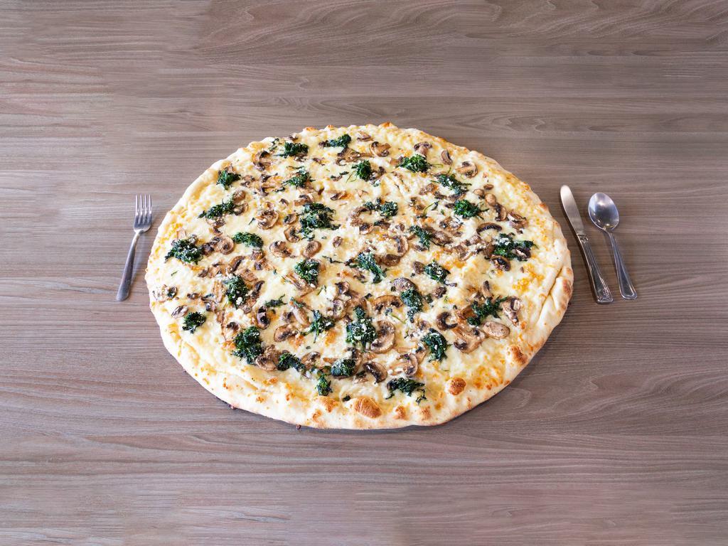 Louis Specialty Pizza · No sauce. Spinach mushroom, fresh garlic, Parmesan, feta cheese, and mozzarella.