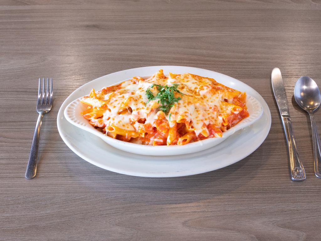 Baked Ziti · Ziti pasta with ricotta, mozzarella, Parmesan and marinara sauce.