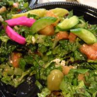 Greek Salad · Lettuce, tomatoes, cucumbers, house dressing, feta cheese, kalamata olives, pepercinis, turn...