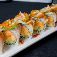 2018 · spicy crabmeat cucumber mix inside with hamachi, avocado on top drizzle with spicy house sau...