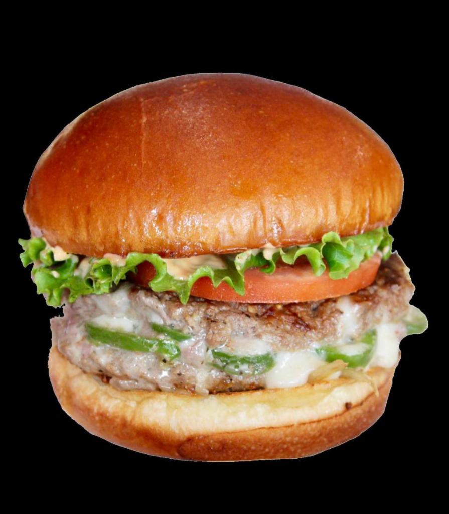 OMG Spicy Burger · Eight oz burger stuffed with jalapeno and pepper Jack cheese, grilled onions, chipotle aioli, lettuce, and tomato.