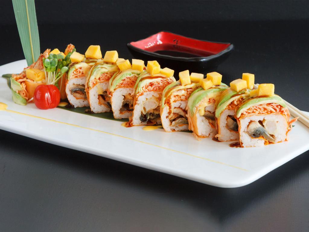 1 Special Roll · 10 pieces. Inside: shrimp tempura add eel. Top: spicy crab salad, avocado, mango, eel sauce and mango sauce.