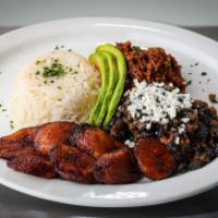 Pabellon Criollo · Venezuela's National Dish: Juicy pulled Beef, black beans, rice and plantains topped with Av...