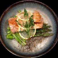 Grilled Salmon Don · Alaska salmon, chef choice fresh veges (asparagus, seafood mushroom etc.) Sear cook. SUSHI R...