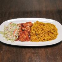 Chicken and Rice Plate · Saucy barbecue soy chicken served with arroz con gandules and coleslaw. 