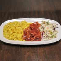 Mac and Cheese Plate · Macaroni and cheese served with our saucy barbecue chicken (or cauliflower wings) and colesl...