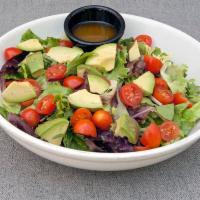 Avocado Salad · Avocado, grape tomatoes and spring mix greens.