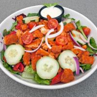 Buffalo Chicken Salad · Fried chicken, roasted peppers, grape tomatoes, spring mix and romaine, cucumbers, red onion...