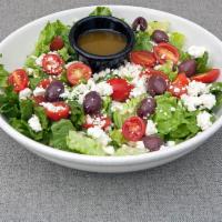 Greek Salad · Feta cheese, grape tomatoes, Kalamata olives and romaine lettuce.