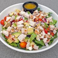 Yoram Salad · Tossed salad with avocado, roasted peppers, artichoke hearts, tomatoes, cucumbers, onions, c...