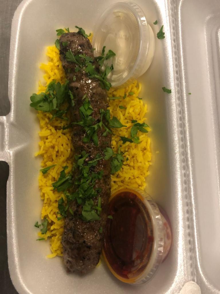 Grilled Beef Kofta · 1 skewer. Mixed ground beef with parsley and various spices with Rice