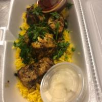 Grilled Chicken Kabob · 1 skewer. Chicken cubes with onions and various spices with Rice