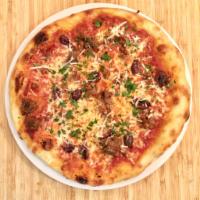Sausage Olive Pizza · Housemade fennel sausage, kalamata olives, fontina and red sauce. Substitute gluten free cru...
