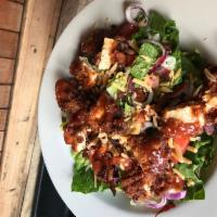 BBQ Chicken Salad · Fresh Greens, Grilled or Fried Chicken Breast tossed in BBQ, Crisp Bacon, Tomato, Onion, Che...