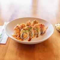 Lion King Roll · Spicy crab, shrimp tempura, cucumber, avocado, torched salmon, crunch onion with eel, spicy ...